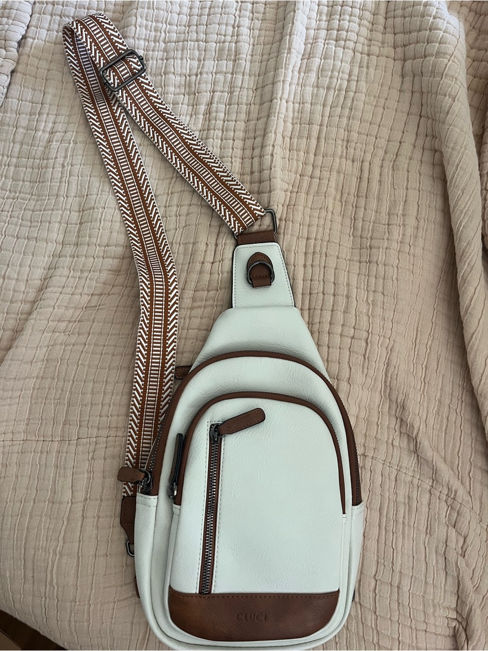 White and Brown Leather Crossbody Sling Bag